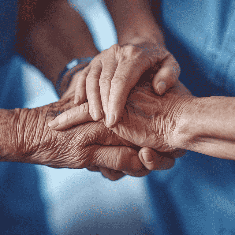 Caregiver holding hands with a senior, showing support and readiness to help.