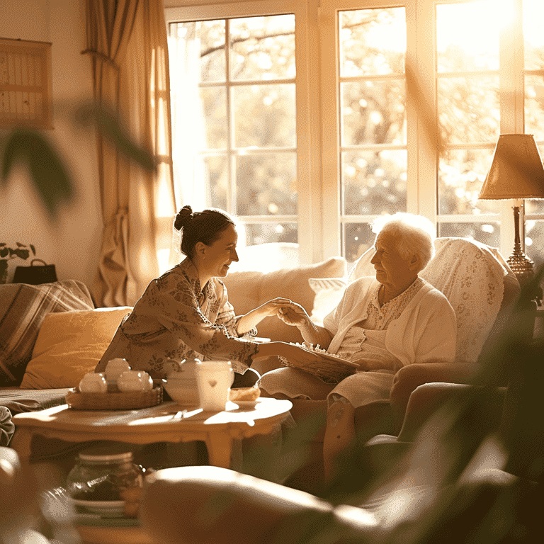 Care provider assisting a senior in a comfortable home setting.