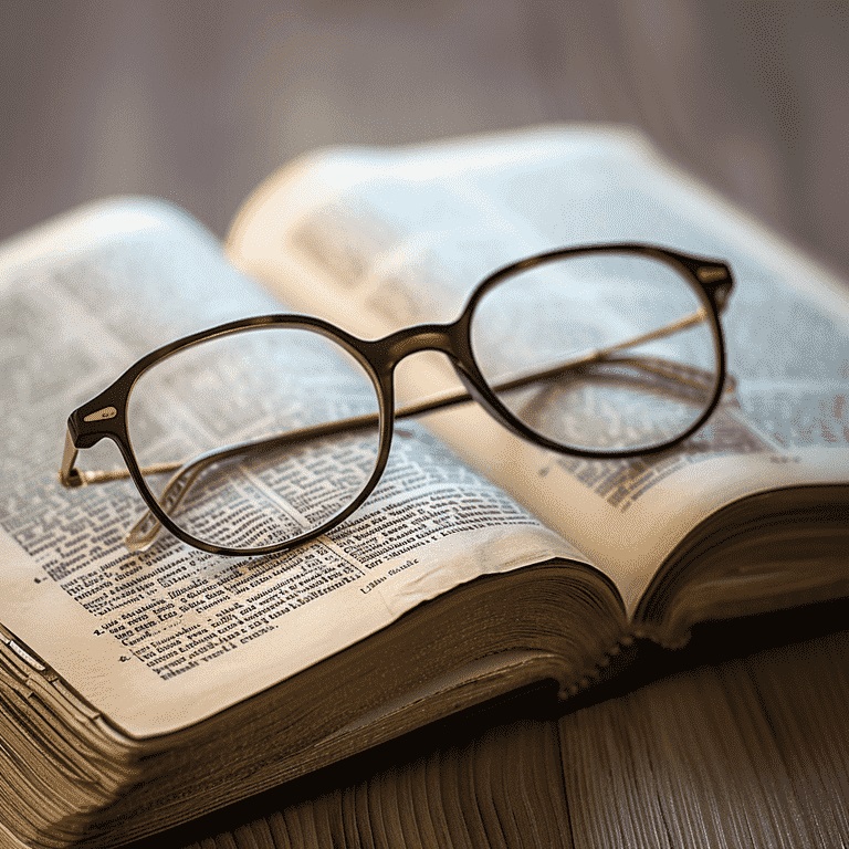 Dictionary open to glossary section with reading glasses on top, emphasizing key terms.