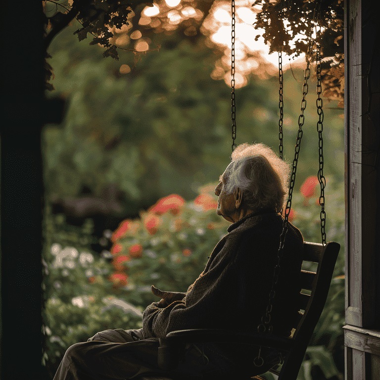 Content elderly individual on a porch swing overlooking a garden, embodying peaceful aging in place.
