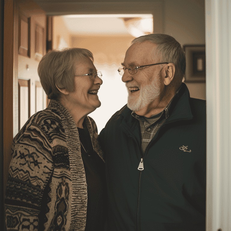 Senior couple at home enjoying a laugh, with visible aging-in-place adaptations.