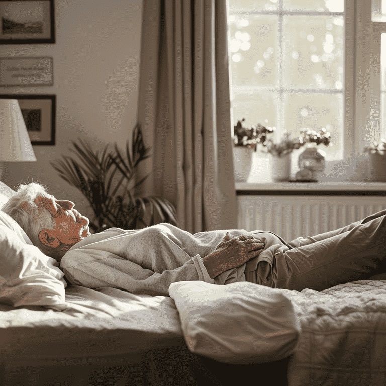 Elderly individual performing leg stretches on a bed