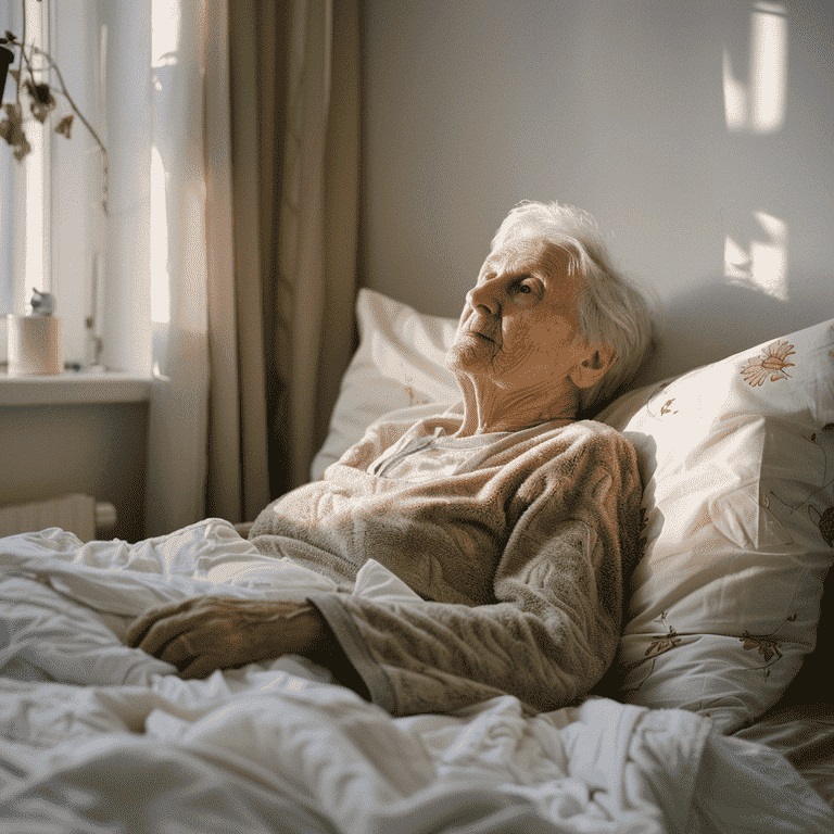 Elderly person with eyes open, participating in guided breathing exercises while reclining in bed