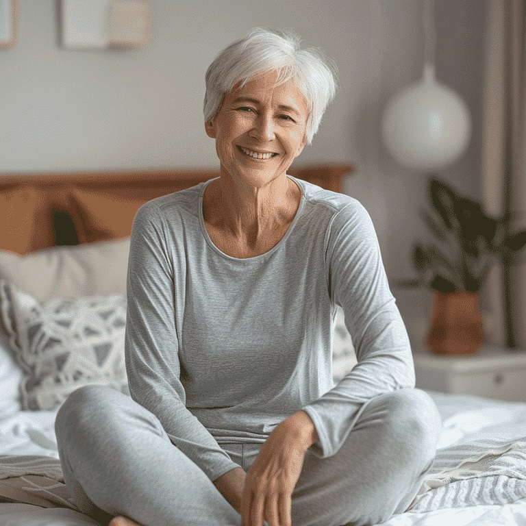 Content elderly individual sitting on a bed post-exercise routine