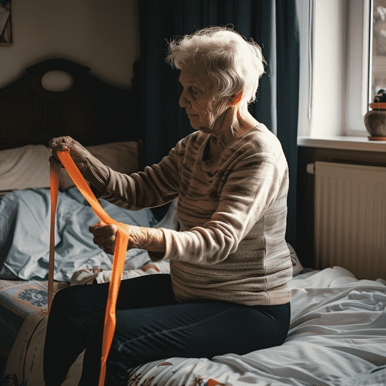 Senior performing resistance band exercises on a bed