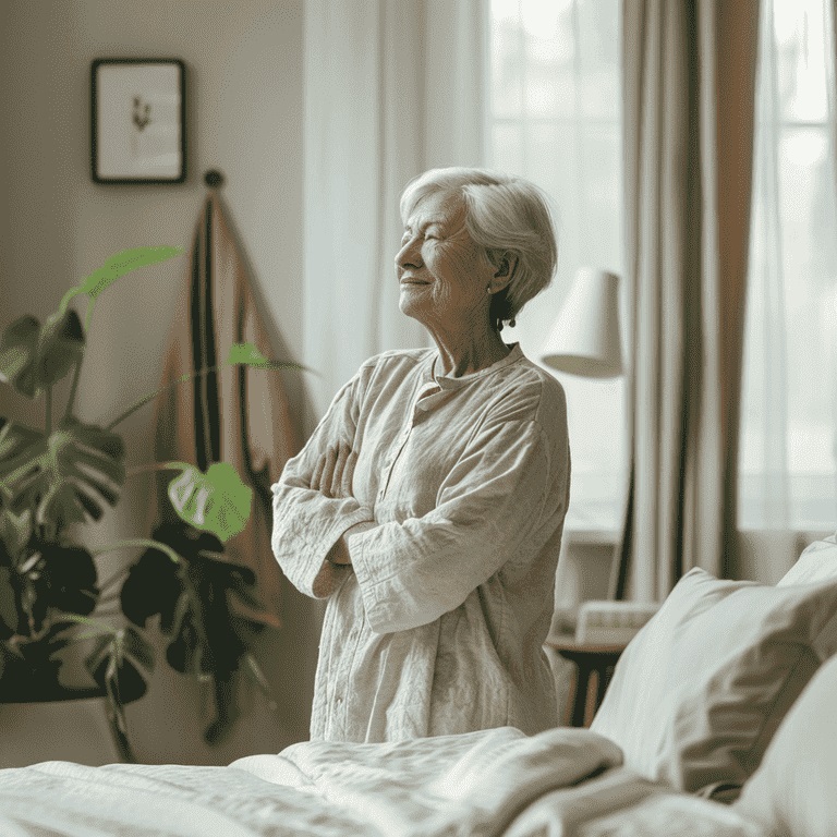 Elderly person standing beside a bed, looking ready and motivated for the day ahead
