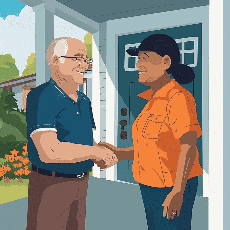 Veteran and home health aide shaking hands, with VA logo and checkmark, representing successful understanding of VA in-home care benefits